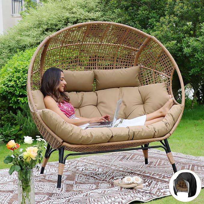 NICESOUL® Double Egg Chair Indoor Outdoor Stationary Oversized 6.5" Thick Padded Cushions,2 Person Wicker Egg Loveseat Chair,680 lbs Extra Wide Lounge Chair for Patio Balcony Porch Brown with Cover