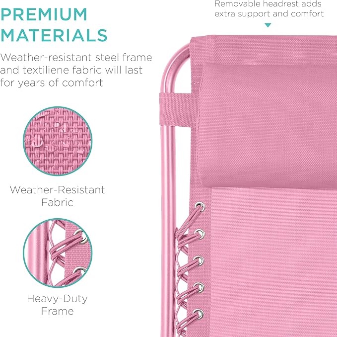 Best Choice Products Set of 2 Adjustable Steel Mesh Zero Gravity Lounge Chair Recliners w/Pillows and Cup Holder Trays - Carnation