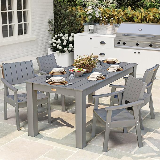ZHUSI Patio Table and Chairs Set, Outdoor Table and Chairs,HDPE Outdoor Dining Set with Umbrella Hole for Backyard, Poolside, Porch 6 Armchairs