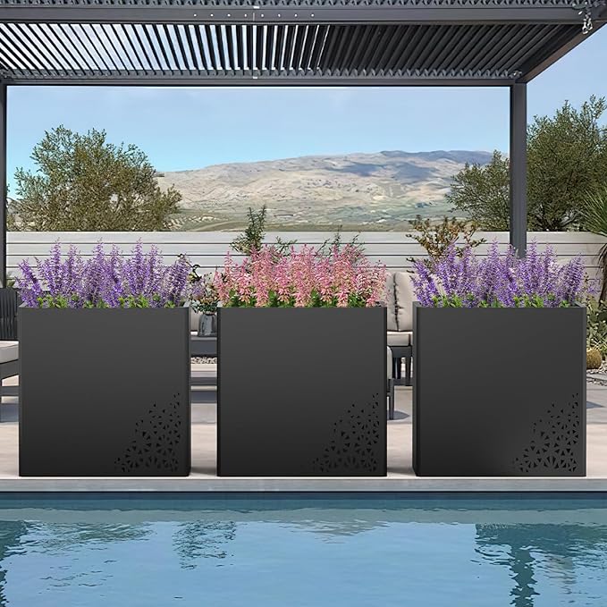 24 Inch Tall Outdoor Planter 24Hx24Lx12W Metal Planter Box with Removable Insert Shelf | Rectangular Planters for Porch, Patio, Yard, Garden (Black)