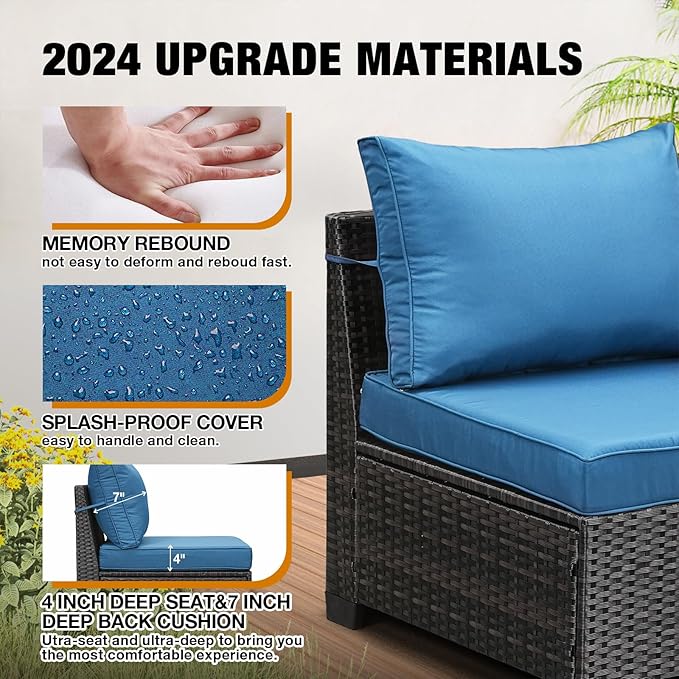 8 Pieces Patio Furniture Set All-Weather Outdoor Wicker Sectional Conversation Sofa Rattan Patio Seating Sofa with Cushion and Glass Table for Porch Poolside,Peacock Blue