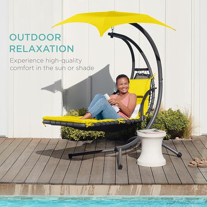 Best Choice Products Outdoor Hanging Curved Steel Chaise Lounge Chair Swing w/Built-in Pillow and Removable Canopy - Yellow