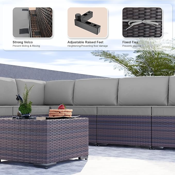 Kullavik 9 Pieces Outdoor Patio Furniture Set PE Wicker Rattan Sectional Sofa Patio Conversation Sets,Grey