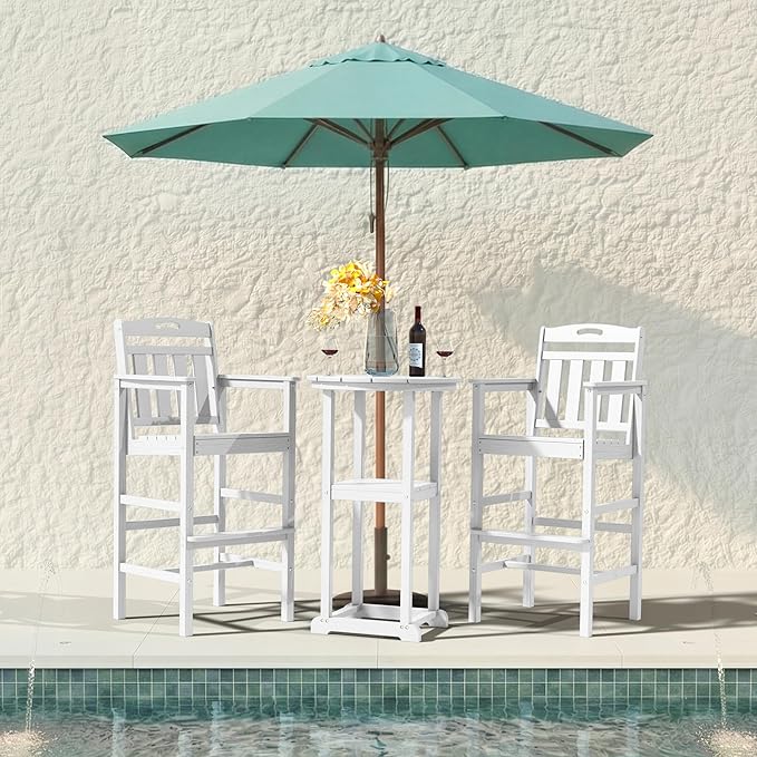 Ciokea Heavy Duty Bar Height Chair, 380lbs Outdoor Adirondack Tall Bar Chair Patio Stool with Arms & High Back, Heavy Duty All-Weather for Balcony, Poolside, Deck and Garden, White