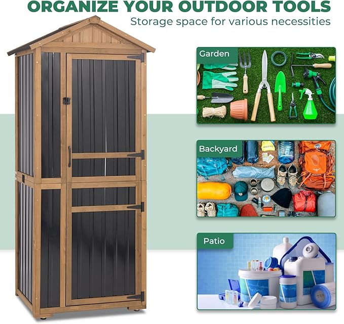 Large Outdoor Storage Cabinet with 4 Shelves, Wood Outdoor Storage Shed with Weatherproof Roof, Lockable Doors, Tall Outdoor Patio Cabinets for Garden Tool and Accessories, Brown
