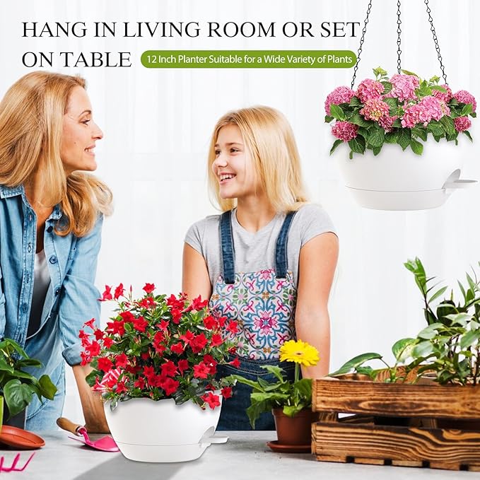 12 Inch Hanging Baskets 2 PC with Chains, Self-Watering Hanging Planters for Indoor Outdoor Plants, Plastic Hanging Flower Pots,White