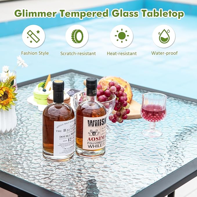 Tangkula 35 Inch Patio Dining Table with Tempered Glass Top, Square 4-Person Outdoor Bistro Table with 1.5" Umbrella Hole & Sturdy Metal Frame, Patio Dining Table for Backyard, Lawn, Deck & Poolside