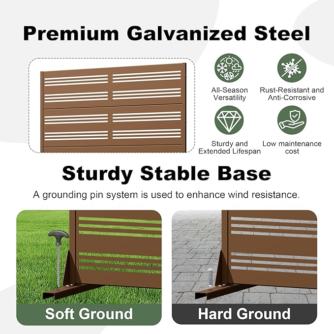 Casaphoria Metal Privacy Screen Outdoor, 72" H x 47" W Freestanding Decorative Privacy Screen for Patio Deck Balcony Garden with Stable Base, Brown-Harold