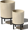 Veradek Demi Series Round Planter w/Stand for Porch/Patio | Durable Plastic-Stone Composite & Wooden Stand | Modern Décor for Tall Plants, Flowers