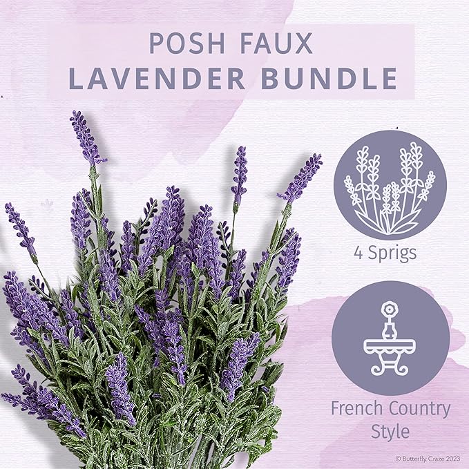 Butterfly Craze Lavender Artificial Flower Stems - UV-Protected Outdoor Artificial Plants - Plastic Flowers for Outdoors - Floral Picks for Weddings & Centerpieces - 4 Pack, 14.5"-16.5"