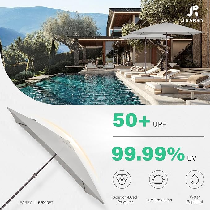 JEAREY 6.5x10 ft Rectangular Patio Umbrellas Rectangle Outdoor Umbrella with Push Button Tilt and Crank, Market Table Umbrella 6 Sturdy Ribs UV Protection for Poolside Garden Backyard Deck, Foggy Gray
