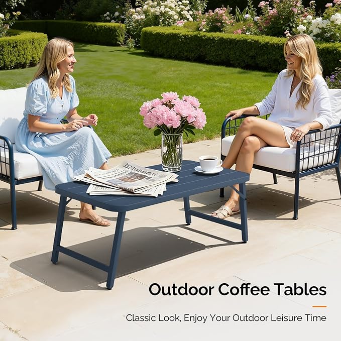 VINGLI Outdoor Folding Coffee Table, Rectangle Drainable Iron Patio Table for Balcony, Porch, and Living Room, Blue