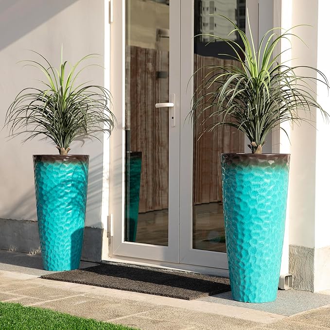 Glitzhome 31" H Oversized Tall Planter, Set of 2 Honeycomb Textured Gradient Turquoise Plastic Tall Outdoor Planters with Drainage Holes, Round Large Flower Pots for Indoor Outdoor Front Door Patio
