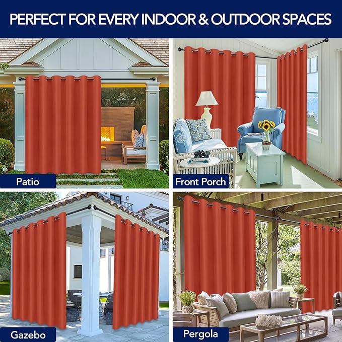 PureFit Outdoor Curtains for Patio Waterproof Weatherproof, UV Resistant Outside Curtains for Gazebo, Front Porch, Pergola, Sun Blocking Privacy Curtain, 100W x 120L inch, 1 Panel, Red Clay