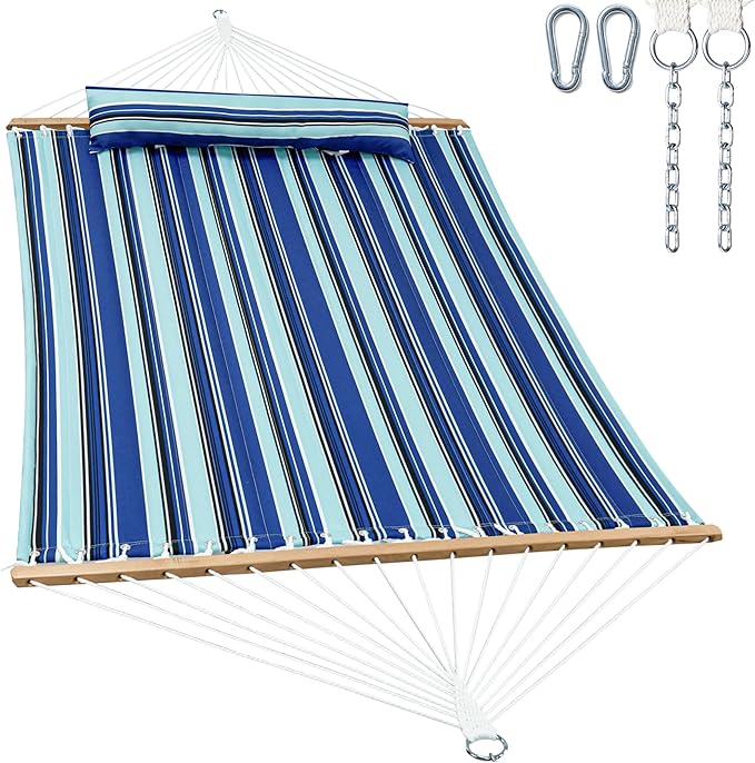 2 Person 12FT Hammocks for Outside, Double Quilted Fabric Outdoor Hammock with Spreader Bar, Large Removable Pillow, Storage Pockets, Carabiners, Max 475 lbs Capacity (Catalina Beach)