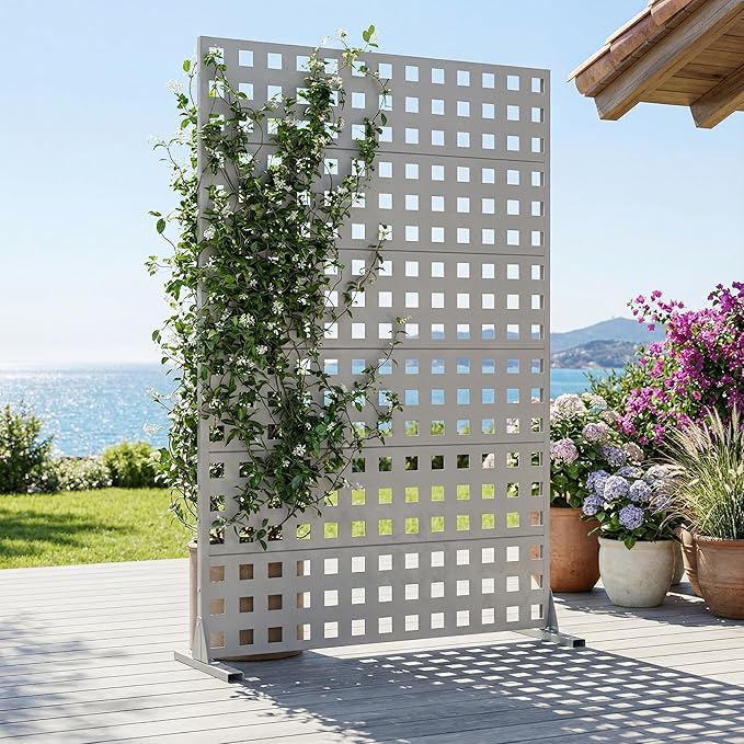 Casaphoria Metal Privacy Screen Outdoor, 72" H x 47" W Freestanding Decorative Privacy Screen for Patio Deck Balcony Garden with Stable Base, Grey-Square
