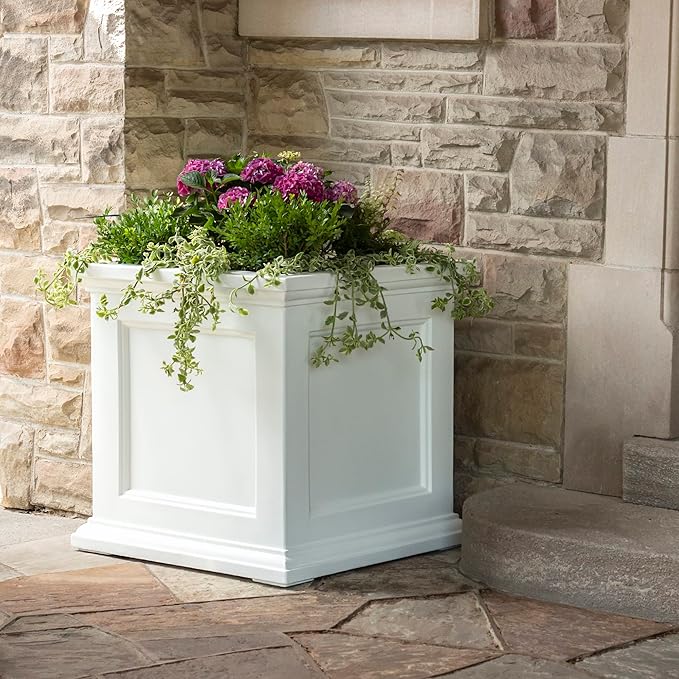 Mayne Fairfield 28-Inch Square Planter – Weather-Resistant Planter for Flowers – Durable Indoor/Outdoor Design for Commerical, Patio, Porch, or Entryway, White