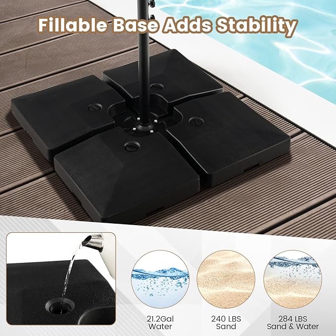 Tangkula 4-Piece 20L Cantilever Offset Patio Umbrella Base, 284 Lbs Heavy-Duty Water & Sand Filled Umbrella Stand, Square Weighted Plate Set with Easy-Fill Spouts, Black