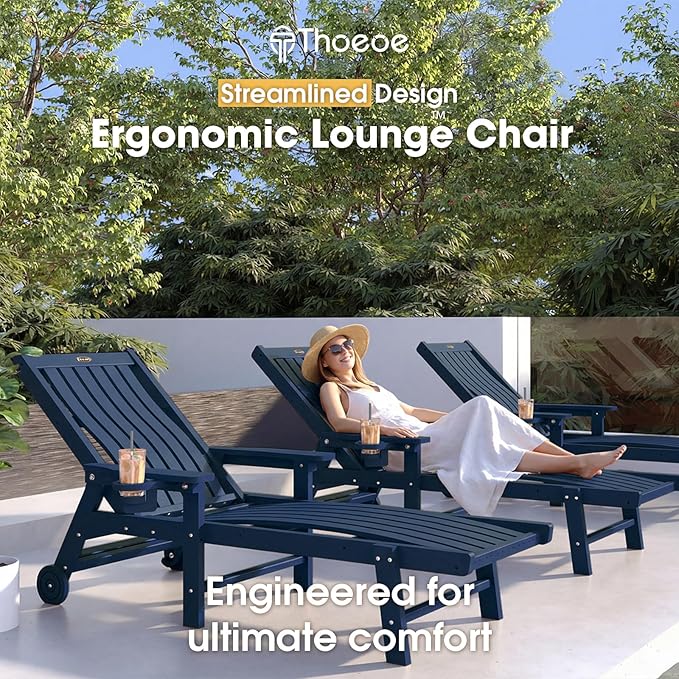 Patio Chaise Lounge Chair Set of 4, Oversized Lounge Chair Outdoor with 5 Positions, HDPE, Patio Lounge Chair with Wheels & Cup Holder for Pool, Deck, Poolside,Navy Blue