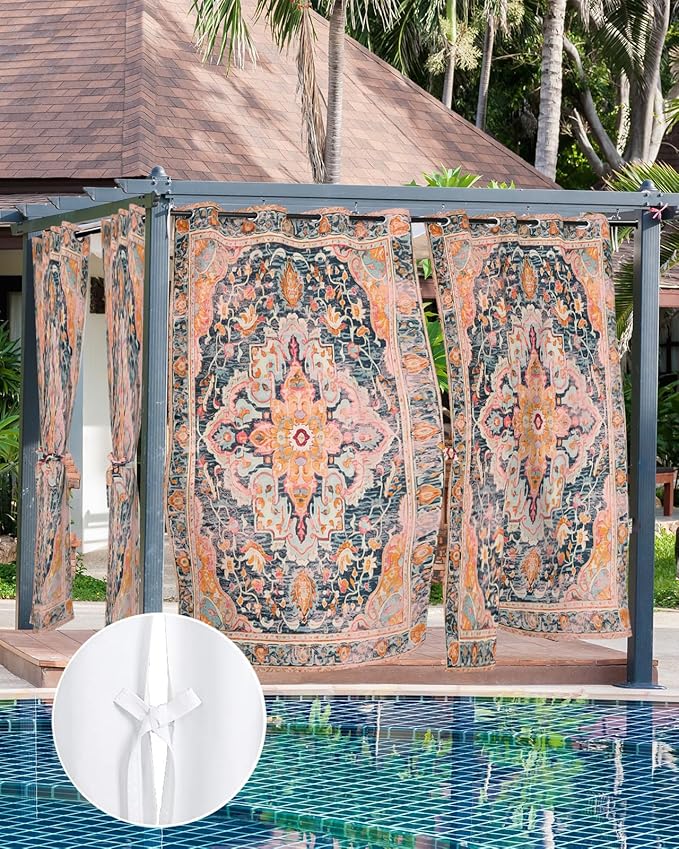 Rustic Boho Outdoor Curtains for Patio Waterproof, Grommet Privacy Curtain Drapes Weatherproof Outside Curtains for Porch GazeboPergola Cabana 2 Panel 54x84inch Ethnic Turkish Floral Geometric