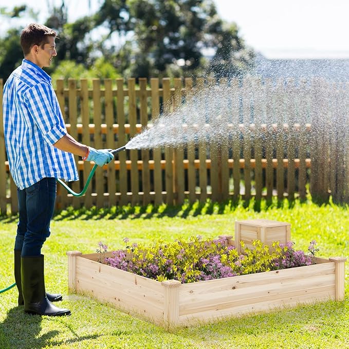 Giantex Raised Garden Bed, 49"x49"x10" Wood Planter Box Kit w/Compost Bin & Open-Ended Bottom for Vegetables, Flowers, Herbs, Fruits, Elevated Square Planting Bed for Patio, Backyard, Garden