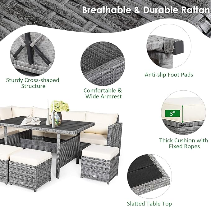 Tangkula 7 Pieces Patio Furniture Set, Outdoor Sectional Rattan Dining Sofa Set with Cushions, All Weather Wicker Conversation Couch Set with Dining Table & Ottomans for Yard Garden Poolside, White