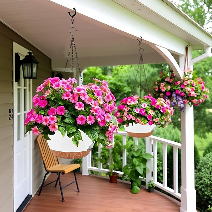 2 Pack 12 Inch Self Watering Hanging Planters for Indoor Plants, Large White Brown Plastic Hanging Pots with Chains for Outdoor Patio Garden Home Decor White Brown