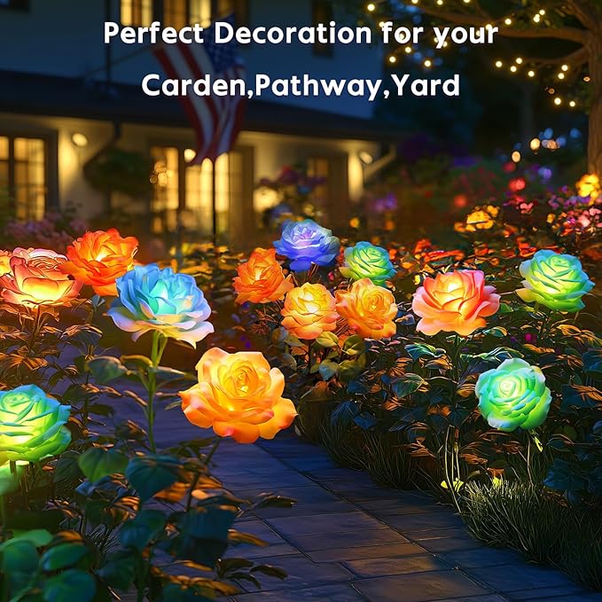 Solar Rose Lights Outdoor: 4 Pack IP65 Waterproof 7-Color Changing LED Flower Stakes for Garden Pathway Patio Lawn Decorative - Auto On Off 10H+ Lighting
