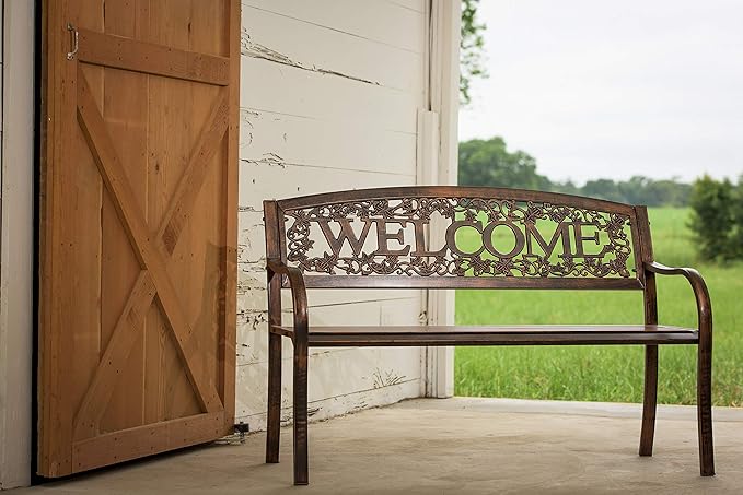 Leigh Country Metal Outdoor Bench, Welcome Design, Decorative Patio Seating for Porch/Deck