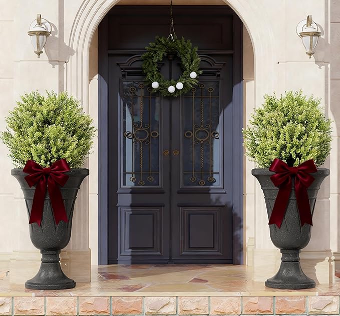23" Tall Planters for Outdoor Plants Set of 2, Planter with Drainage Holes and Trophy Design, Large Outdoor Planters for Porch, Garden, Black