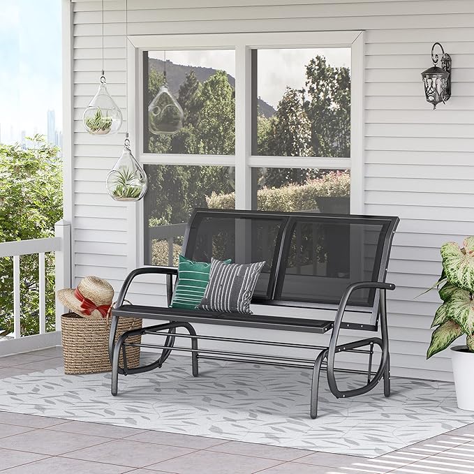 Outsunny 2-Person Outdoor Glider Bench, Patio Double Swing Rocking Chair Loveseat w/Powder Coated Steel Frame for Backyard Garden Porch, Black