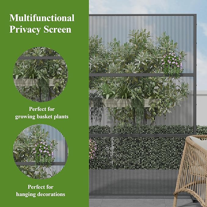 Casaphoria Metal Privacy Screen Outdoor, 72" H x 47" W Freestanding Decorative Privacy Screen for Patio Deck Balcony Garden with Stable Base, Black-Vertical Stripe