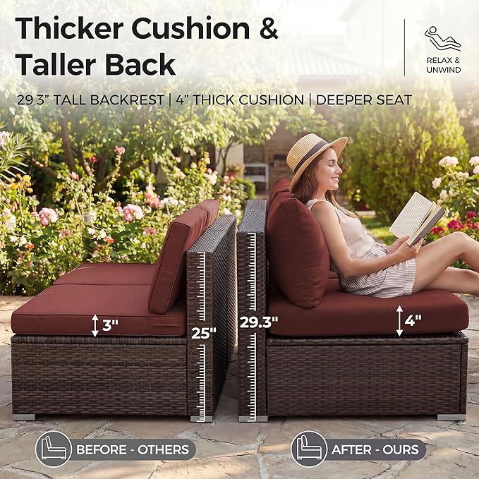 NICESOUL 10 Pieces Outdoor Patio Furniture Set with Fire Pit Table Natural Gas/Propane, 29.3'' High-Back Big Sectionals PE Wicker All Weather Conversations, Brown Rattan and Burgundy Cushion