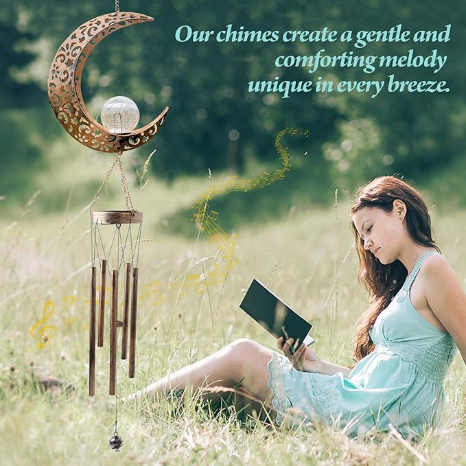 Moon Solar Lights Wind Chimes for Outside Gift for Women,Mom and Grandma Birthday Gifts Large Decor Windchimes Outdoors Gardening Gift for Outdoor Patio Yard Porch Solar Moon Night Lights