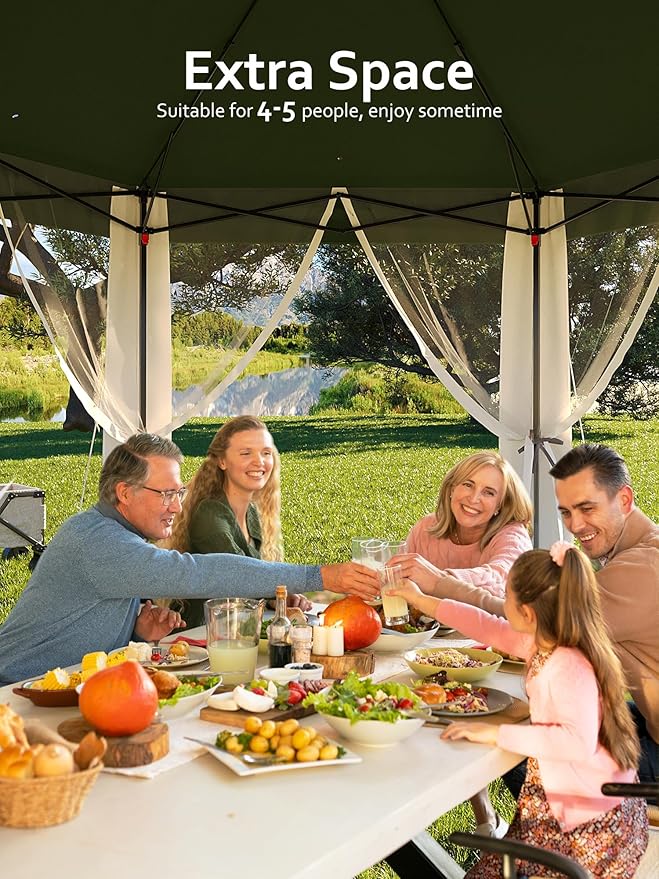 Garvee Pop Up Gazebo Screen Tent,Hexagonal Instant Gazebo Tent with Mosquito Netting Outdoor Canopy,6 Sided Sun Shelter 13x13ft with Mesh Netting,Pavilion Tents for Patio,Green+Beige
