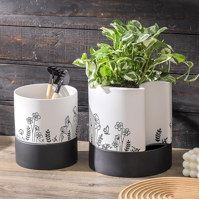 Nihow Self Watering Plant Pot: 8 Inch Ceramic Planter with Drainage Hole & Water Storage Plus for Indoor & Outdoor Plants - Cylinder Round Flower Pot for Succulent/Herbs/Violets - White