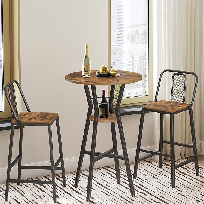 Bar Table, 2-Tier Round High Top Table, Pub Table, Home Bar Counter Height Tables, Bistro Tables, for Kitchen, Living Room, Meeting Room, Pub, Rustic Brown and Black BT03BR