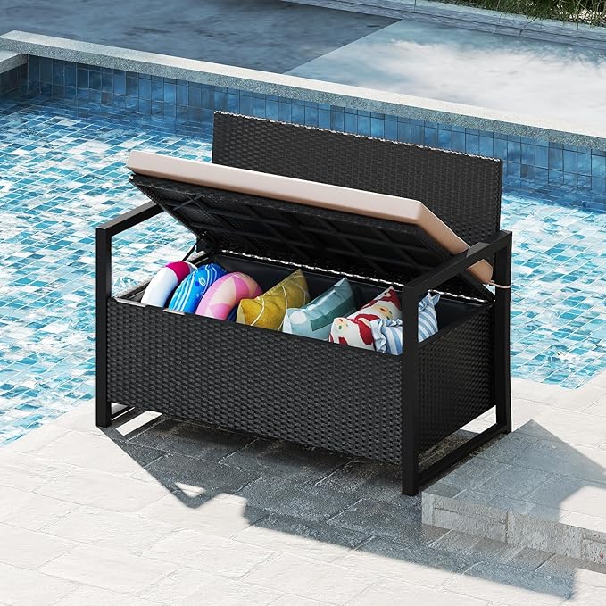 RELAX4LIFE Wicker Outdoor Bench with Storage - Rattan Deck Box w/Protective Liner for Pillows, Pool Supplies, Garden Tools, Patio Loveseat with Seat Cushion & Metal Armrests for Backyard Porch Balcony