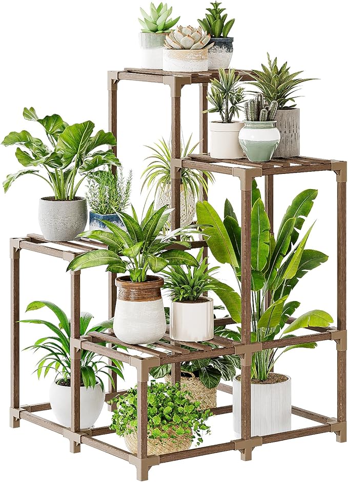 Bamworld Corner Plant Stand Indoor Outdoor Plant Shelf Small Plant Table for Multiple Plants Wooden Plant Holder for Garden Patio Lawn Window Plants Gift,Brown