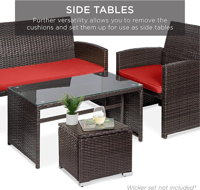 Best Choice Products Set of 2 Wicker Ottomans, Multipurpose Outdoor Furniture for Patio, Backyard, Additional Seating, Footrest, Side Table w/Storage, Removable Cushions - Red/Brown