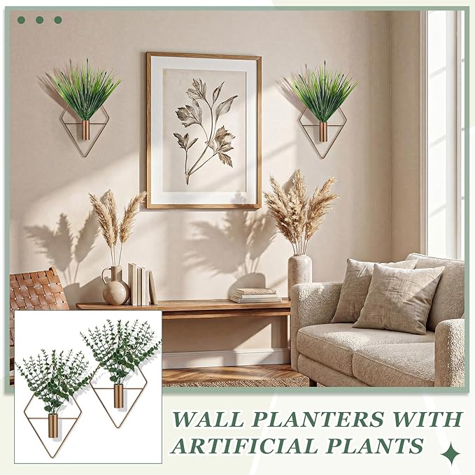 4 Pieces Bronze Wall Decor Hanging Planters with Artificial Aquatic Plants Metal Hanging Vase Indoor Plants Holder Modern Boho Wall Art for Bathroom Bedroom Living Room Decor