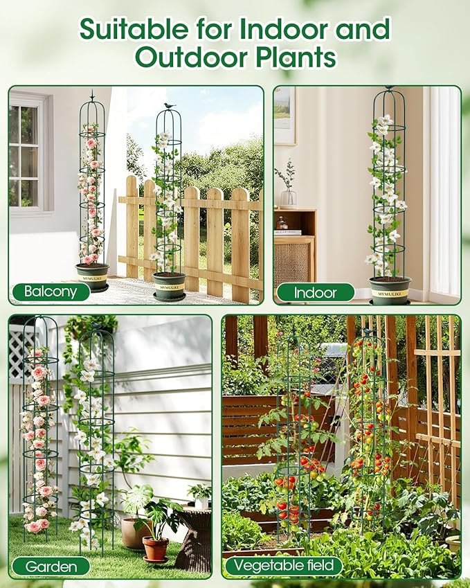 2PCS Garden Trellis for Climbing Plants, 6.2FT Rustproof Metal Pipe with Heavy Duty Plastic Coated, Garden Outdoor Indoor Potted Plant Support, Obelisk Garden Trellis for Climbing Vine (Green)