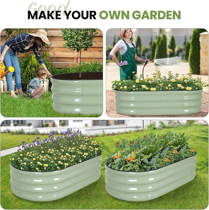 G GOOD GAIN Raised Garden Beds - 4x2x1ft Galvanized Planter Boxes Kit with Protective Tape & Gloves & Tools | Oval Metal Outdoor Raised Bed for Gardening Vegetables, Fruits, Flowers, Herbs, Green