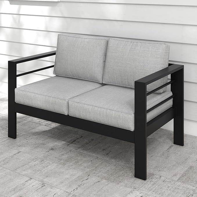 Kiss the Water Outdoor Patio Furniture Loveseat Sofa, All-Weather Metal Aluminum Patio Couch with 5" Thick and Soft Cushion and Wide Arm, Outdoor Couch for Balcony, Porch, Backyard