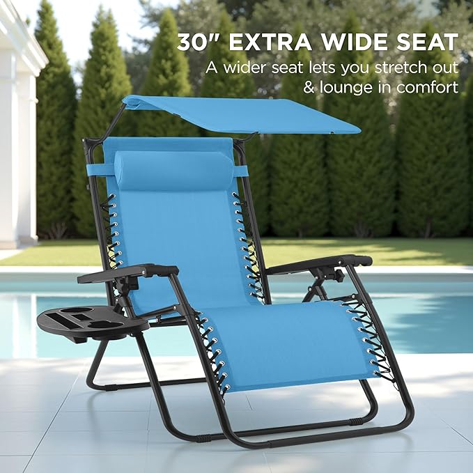 Best Choice Products 30” Wide Folding Zero Gravity Outdoor Recliner Patio Lounge Chair w/Adjustable Canopy Shade, Headrest, Side Accessory Tray - Light Blue