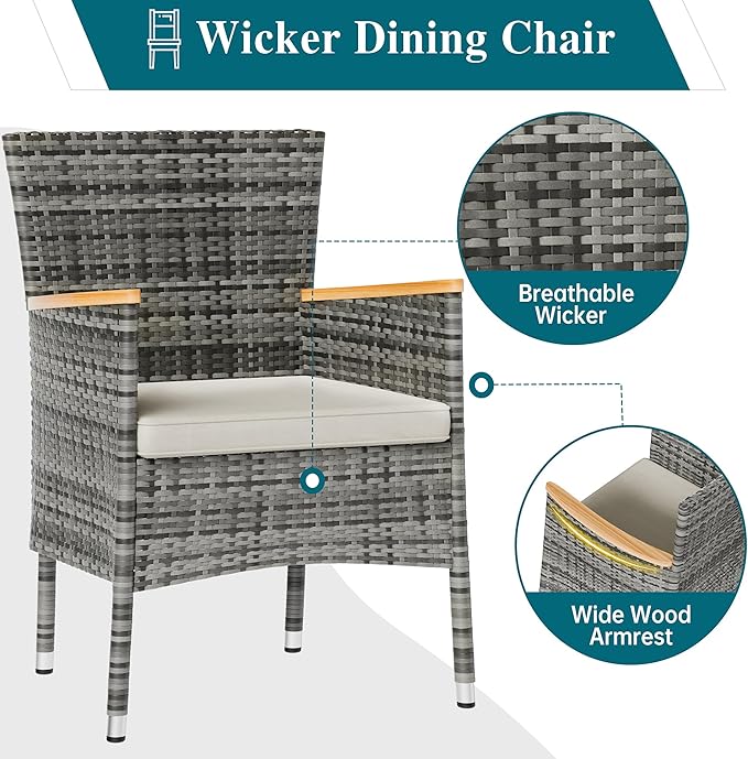 Shintenchi 7 Piece Patio Dining Set, Wicker Patio Conversation Set with Wooden Table Top, Outdoor Table and Chairs with Soft Cushions for Backyard, Deck and Garden, Grey Wicker