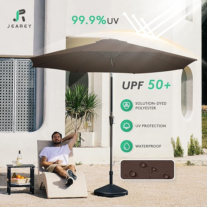 JEAREY 9FT Outdoor Patio Umbrella Outdoor Table Umbrella with Push Button Tilt and Crank, Market Umbrella 8 Sturdy Ribs UV Protection Waterproof for Garden, Deck, Backyard, Pool (Brown)
