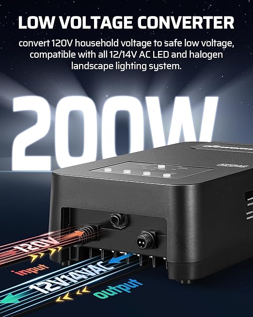 DEWENWILS 200W Low Voltage Landscape Transformer with Photocell Sensor & Timer, 120V AC to 12V/14V AC, Weatherproof Outdoor Landscape Lighting Transformer for Garden Lights, Spotlights, Steplights