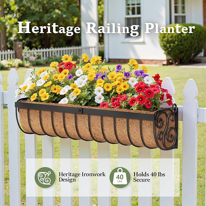 Railing Planter Boxes, 30 Inch Window Boxes Planters, Balcony Planters with Adjustable Brackets & Coco Liner & Support Rod for Outdoor Fence, Deck, Porch, and Patio Gardening, 2 Pack