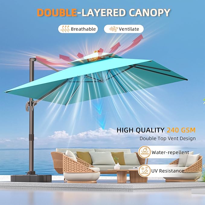 10' X 13' Outdoor Patio Umbrella Large Rectangle Cantilever Umbrella Heavy Duty 360°Rotation Offset Umbrella for Garden Deck Pool Patio,Turquoise